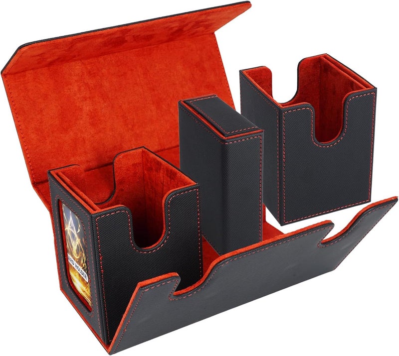 AFIING Mtg deck box with commander display- Fits 200 Double Sleeved Cards,3-in-1Card Deck Case,Strong Magnet Card Organizer For Magic Commander TCG CCG,4Dividers &2 Toploaders, Black/Red - Image 4